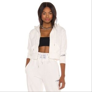 ADAM SELMAN SPORT | Shrunken Zip Up Hoodie White Cotton Cropped Stretch
